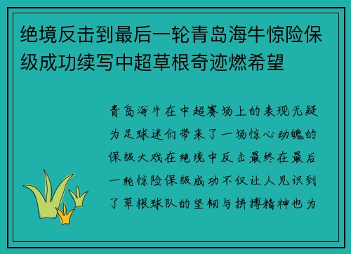 绝境反击到最后一轮青岛海牛惊险保级成功续写中超草根奇迹燃希望